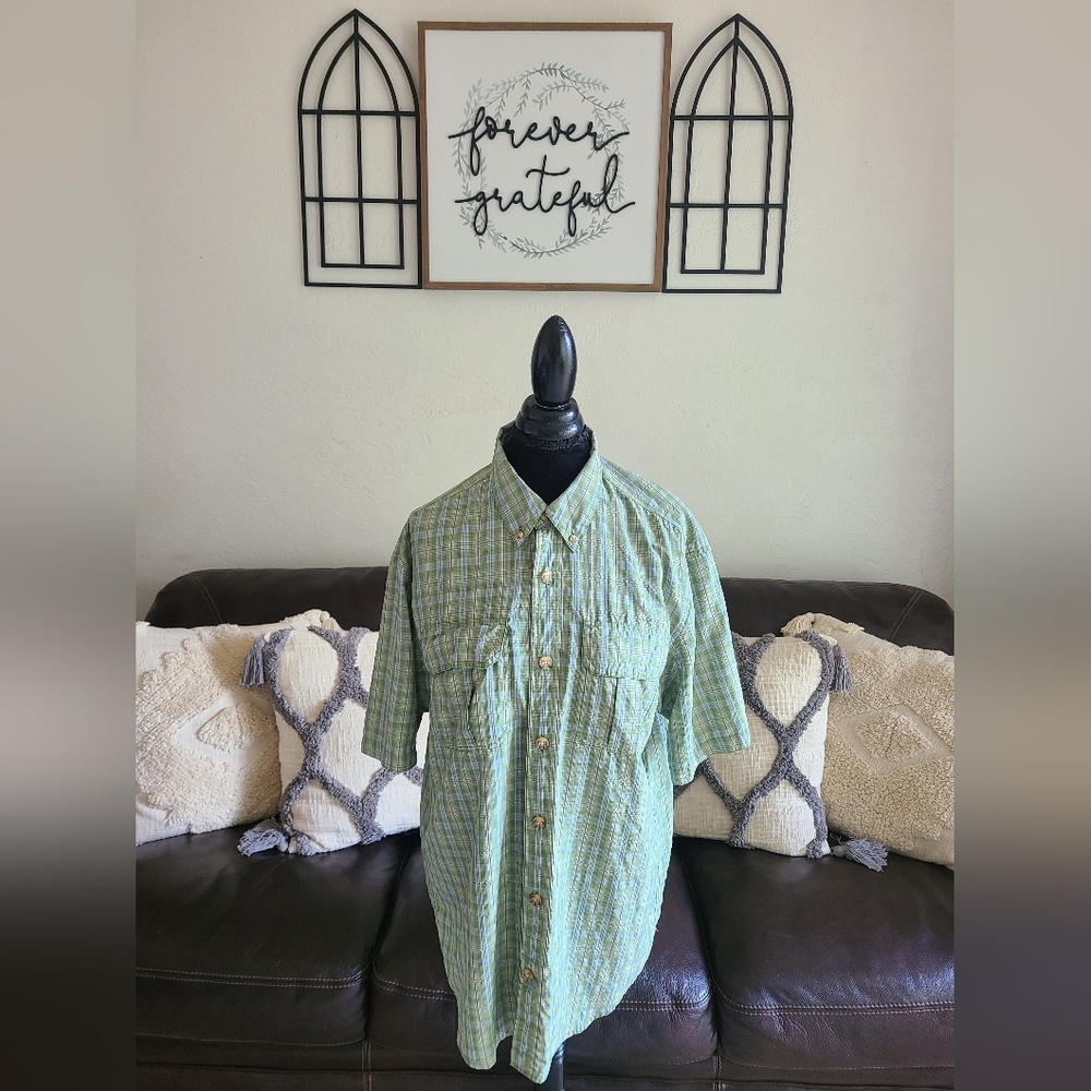 Duluth Men's Button Down Short Sleeve Poly/Nylon Green Plaid Outdoor Shirt‎ M